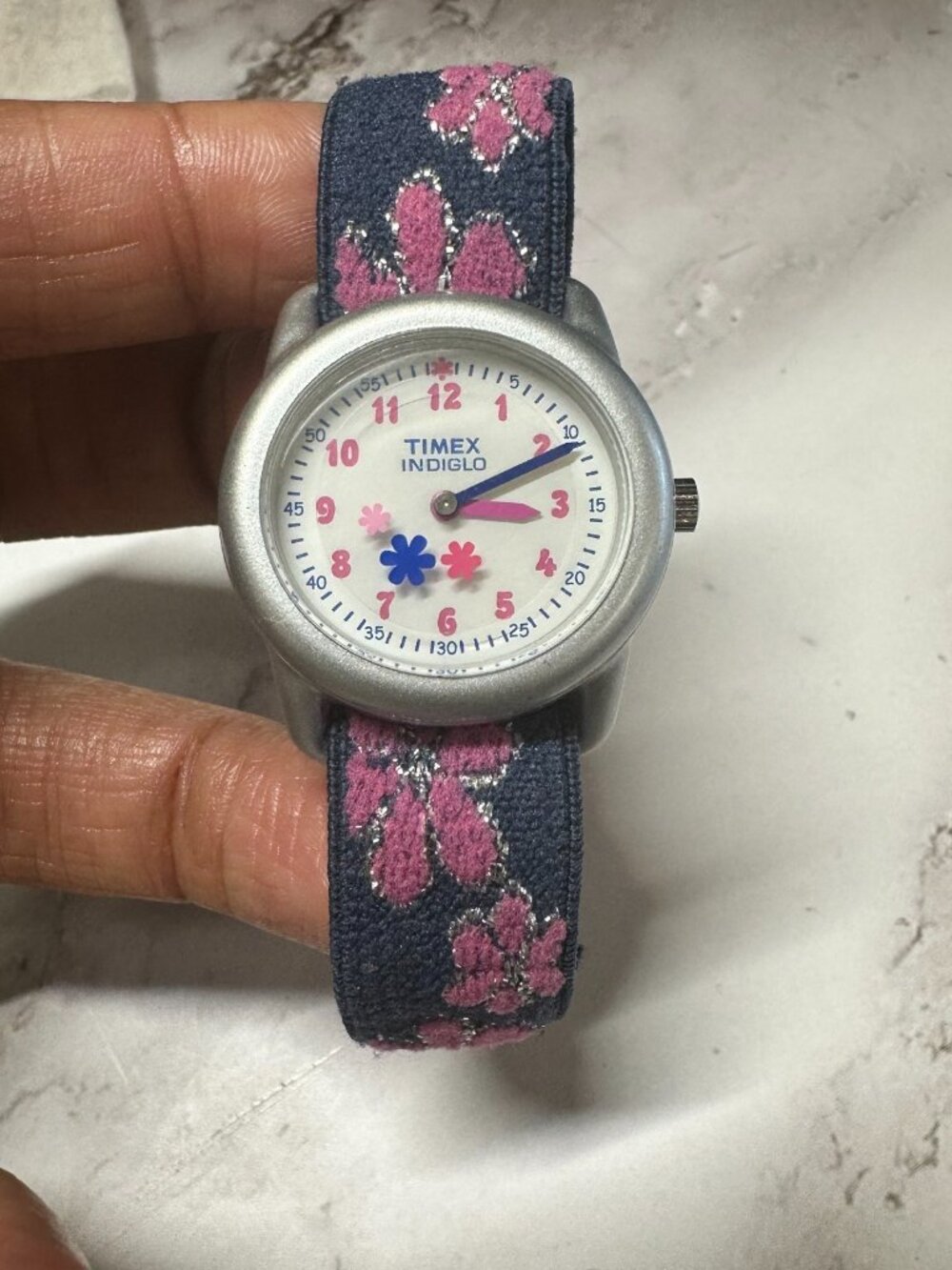 3 for $30 Timex Indiglo Girls Watch Rotating Floral Dial Blue Stretch Band